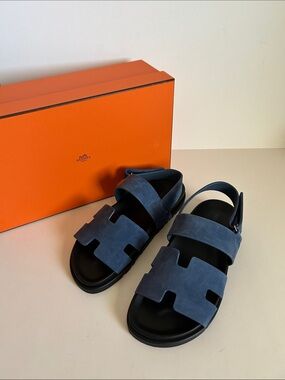 Hermes Blue Suede H-Style Slingback Sandals
